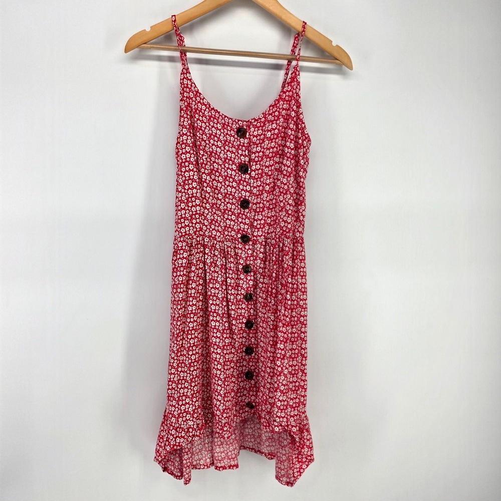 Japna Sundress Womens Medium Red Floral High Low Button Front Boho Summer